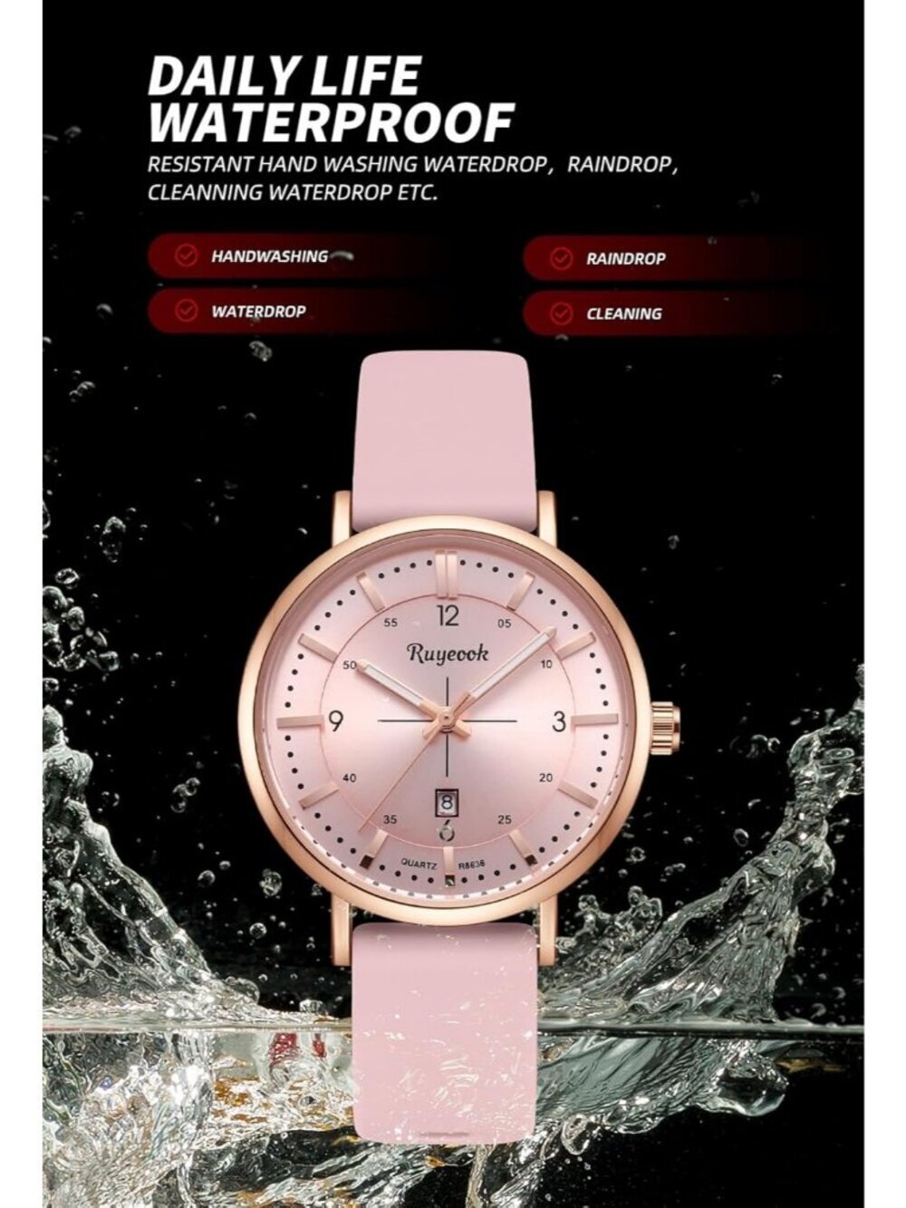 Women's All Pink Analog Quartz Silicone Band Calendar Date Display Wrist Watch - Picture 4 of 6